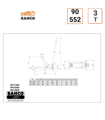 tableau Cric hydraulique extra plat 3 Tonnes BAHCO