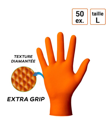Gants Nitrile ORANGE taille L Extra Grip boite de 50 gants