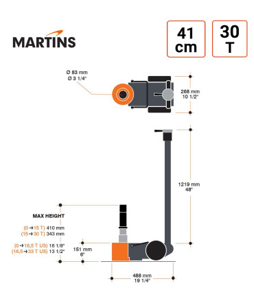 dimensions Cric hydro-pneumatique 15-30 tonnes Martins