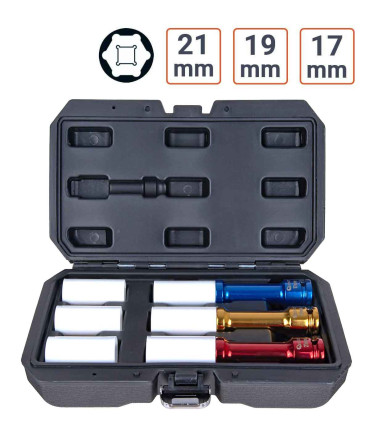 Coffret Douilles à choc 1/2 Extra Longues 150 mm 17 19 21 mm avec protection de rechange