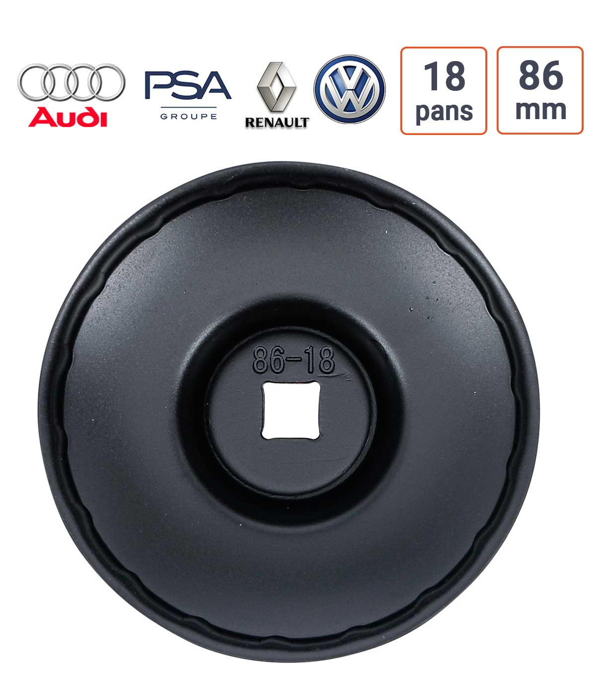Cloche à filtre à huile 18 pans 86 mm pour Audi, PSA, Renault, GOlf