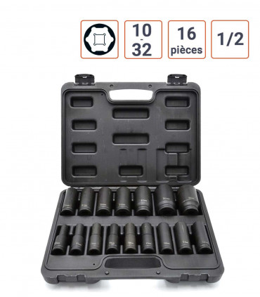 Coffret 16 douilles à choc 1/2 Longues de 10 à 32 mm