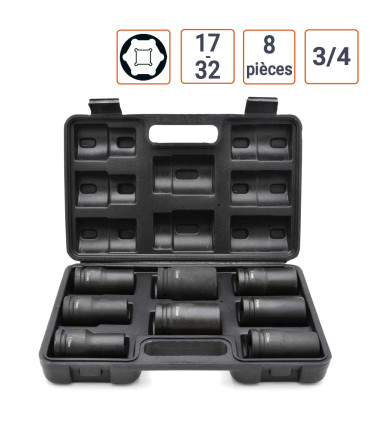 Coffret 8 douilles à chocs 3/4 Longues de 17 à 32 mm